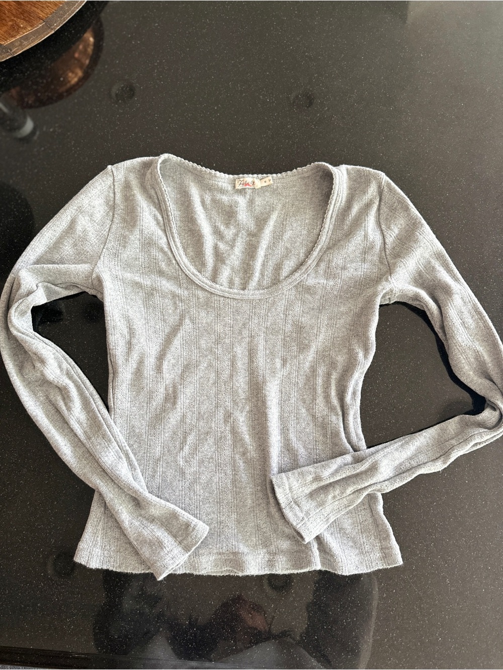 Faherty Gray Ribbed Scoop-Neck Long Sleeve Top
